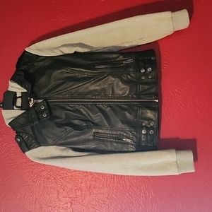 Black leather jacket with gray sleeves and a hood